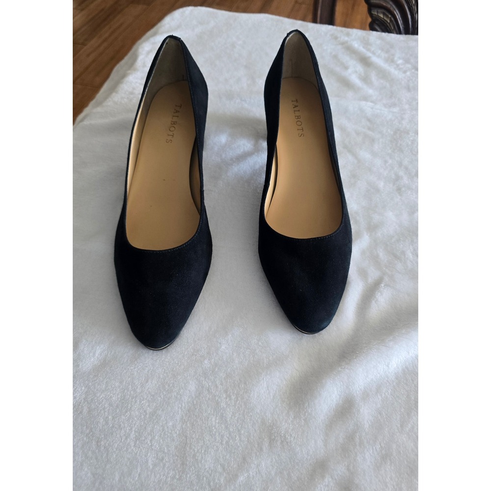 Talbots Black Suede Block Heel Pumps Pointed Toe Silver Trim Size 9.5M